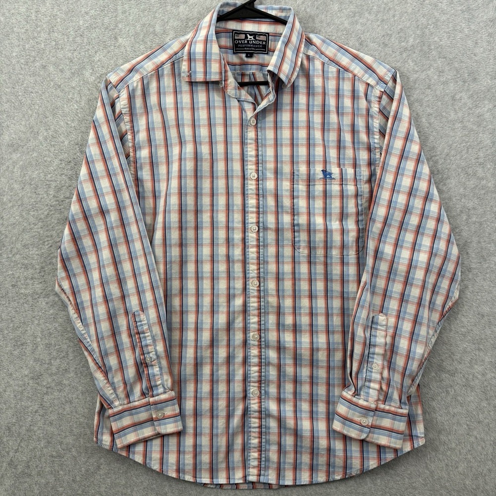 Over Under Shirt Men Size L White Performance Long Sleeve Button Down Plaid‎ USA